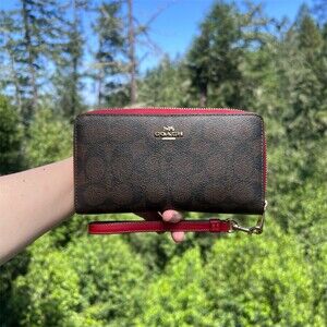 COACH Long Zip-Around Wallet Brown/Red Signature Canvas  Gold Hardware AUTHENTIC